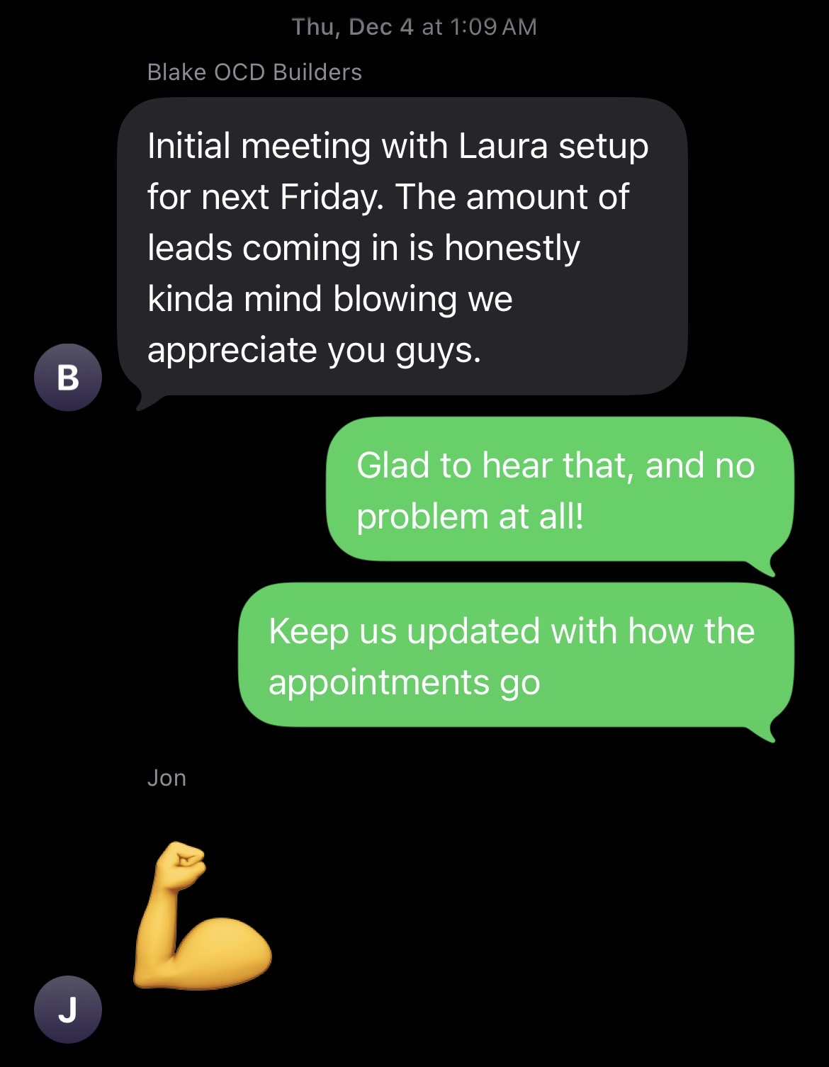 Text from Blake at OCD Builders: meeting set and leads are coming in fast