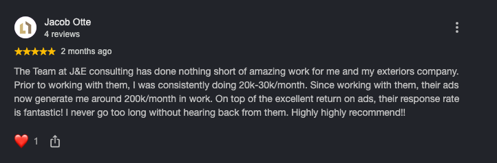 Google review from Jacob Otte: 20k-30k/month to around 200k/month