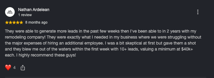 Google review from Nathan Ardelean: 10+ leads in the first week