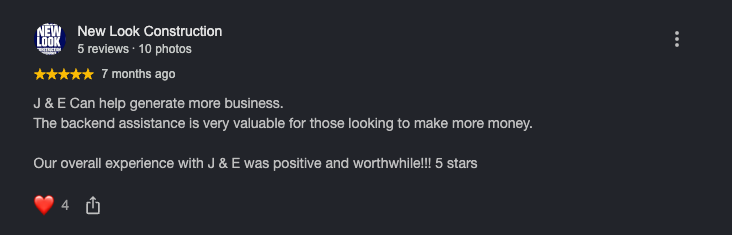 Google review from New Look Construction: positive and worthwhile experience