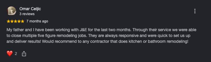 Google review from Omar Celjic: closed multiple five figure remodeling jobs