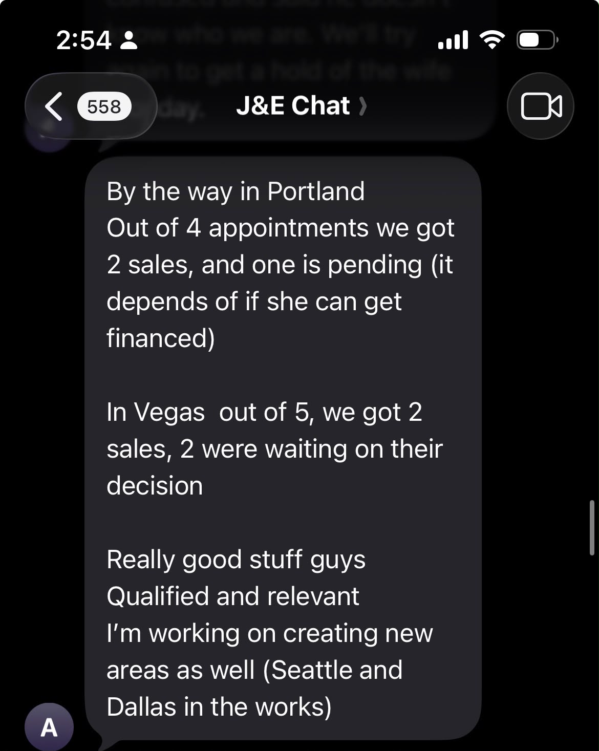 Client text: 2 sales from 4 appointments in Portland, 2 from 5 in Vegas, qualified and relevant